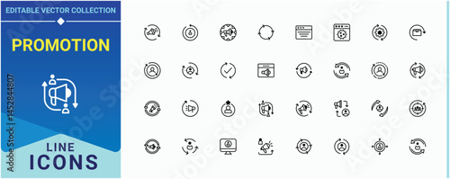 Promotion icon set. Featuring campaign, advertising, market, business and more. Marketing icon set. Minimal thin line web icons set. Pixel perfect. Editable stroke.