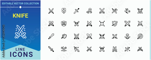 Set of Knife line icon. Pictograms of battle, medieval, sword, sharp and more. Sword And Knife line icon set. Trendy minimal icons. Editable stroke. Vector illustration.