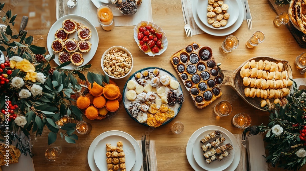 Fototapeta premium Festive Table with a Variety of Fruit and Pastries