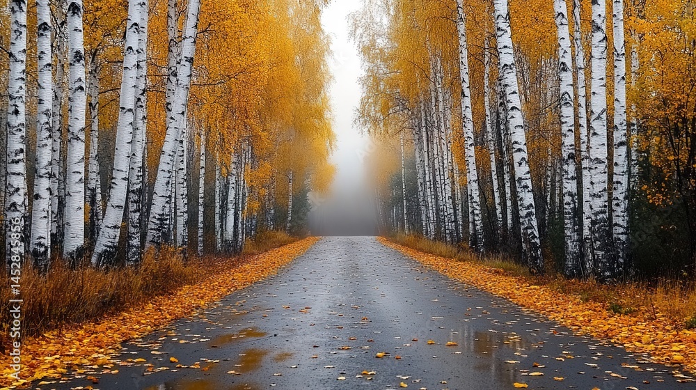 Obraz premium A birch tree forest path with black-and-white trunks, golden leaves, fallen foliage, and distant mist.