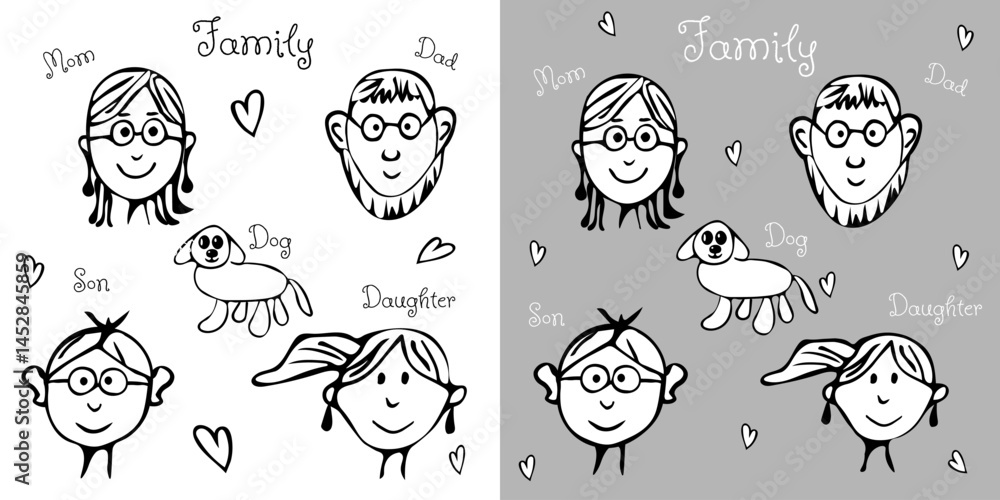 Fototapeta premium Hand drawn black and white illustration of happy Family portrait with mom, dad, son, daughter and dog. Cute doodle style for Happy Family Day, for kids education, posters and educational materials.