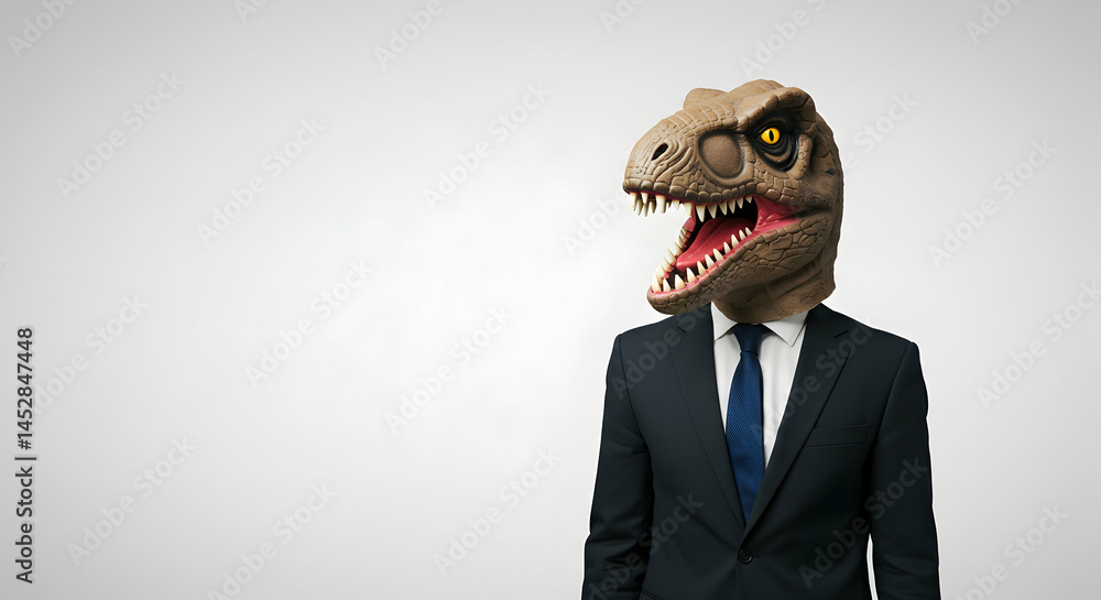 Businessman with Dinosaur Mask in Formal Suit and Tie