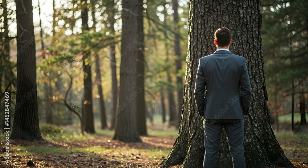 Businessman Standing Alone Against Large Tree in Forest Setting