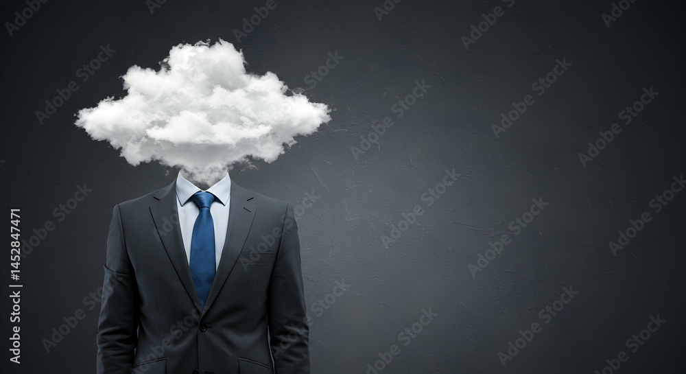 Businessman with Cloud Head Conceptualizing Ideas and Thoughts