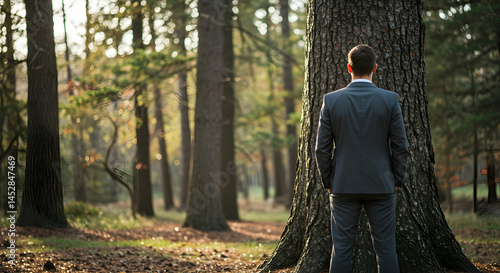 Obraz na płótnie Businessman Standing Alone Against Large Tree in Forest Setting w salonie