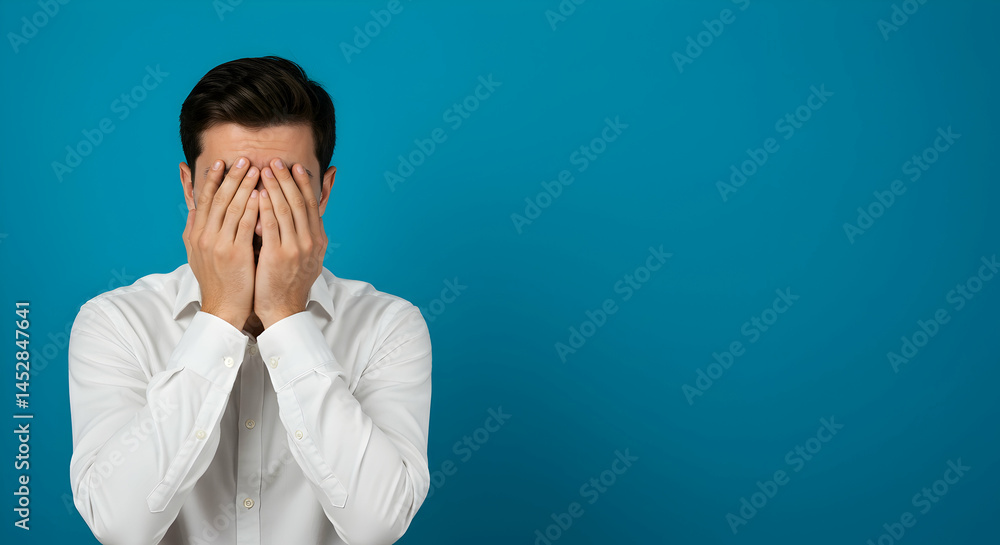 Man with Hands Over Face Expressing Frustration Against Blue Background