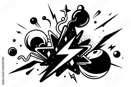 Abstract dynamic ink splatter and brush strokes in black and white, showcasing explosive energy and motion in a striking visual composition