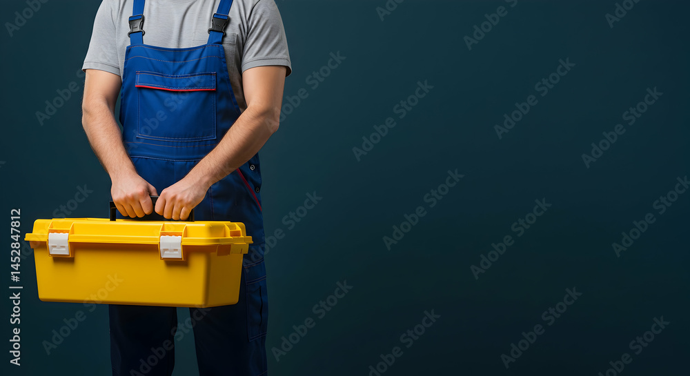 Person in Blue Overalls Holding Yellow Toolbox on Dark Background