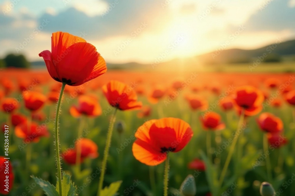 Obraz premium Vibrant red poppies sway gently in a sun-drenched field , bloom, rural