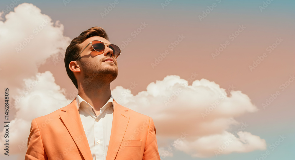 Stylish Man in Sunglasses Against a Bright Sky with Clouds