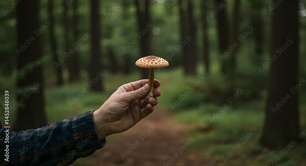 Hand Holding Mushroom in Serene Forest Setting with Lush Greenery