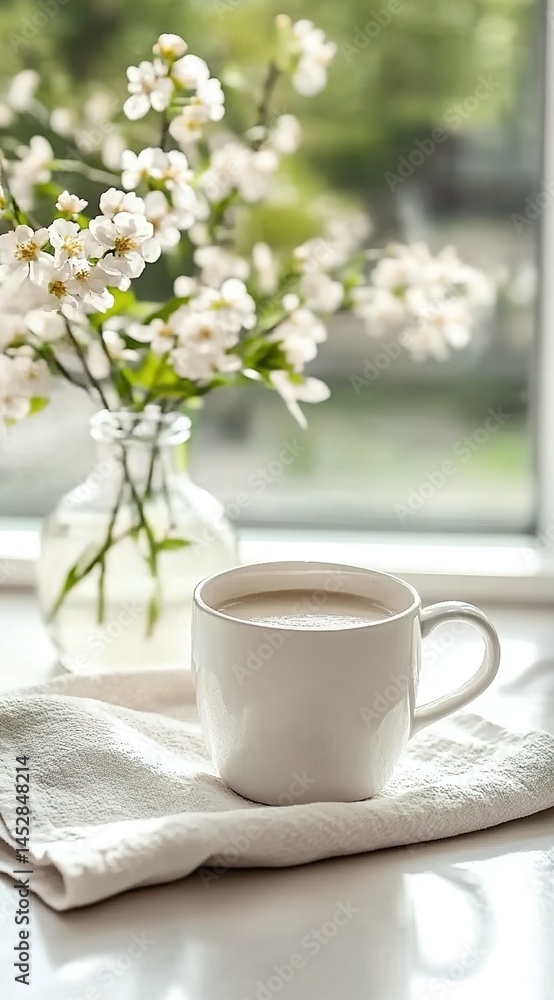 A white mug on a cloth by a windowsill with a vase of white flowers in the background. A white mug on a cloth by a windowsill with a vase of white flowers in the background.