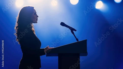 Confident speech delivery by female speaker under spotlight on stage
