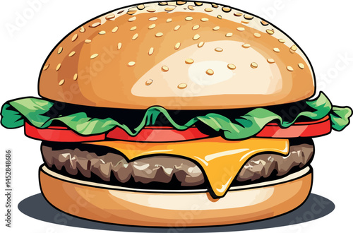 A tasty cheeseburger with beef, cheese, and tomato