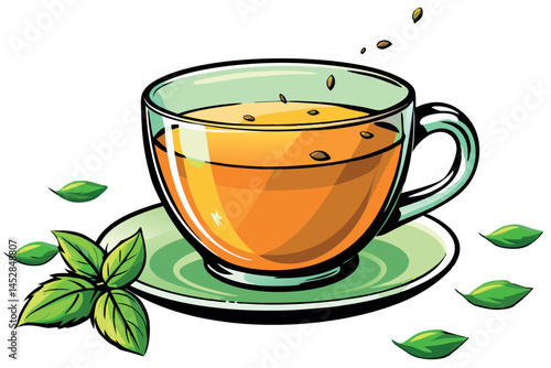 An inviting clear glass teacup with golden amber tea surrounded by floating tea leaves, symbolizing relaxation and well being