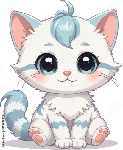 A cute cartoon kitten, a happy domestic pet with a smile and adorable fur, sitting in a fun vector illustration