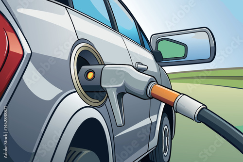 gas pump nozzle inserted into a cars fuel tank, highlighting the connection during a refueling process at a gas station