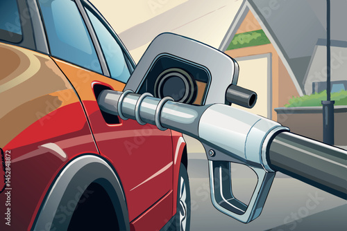 car being refueled at a gas station with a fuel nozzle in the tank, focusing on the fuel pump nozzle and vehicle