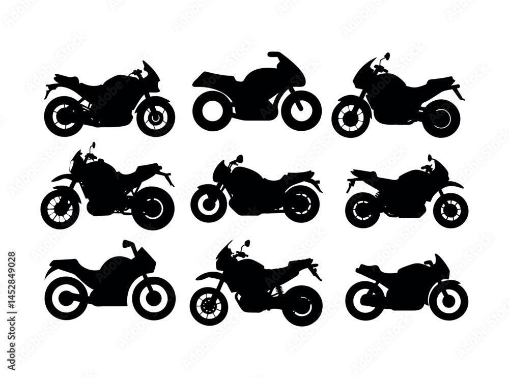 Obraz premium Simple Silhouette of a Motorcycle, Collection of Silhouetted Motorbike Designs, profile, side view, bike, motor, engine, racing, adventure, touring, sport, urban, Collection of Different Motorcycle Mo