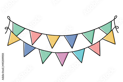 Festive string of multicolored paper bunting with triangular flags, ideal for decoration, holidays, and outdoor parties in vibrant colors