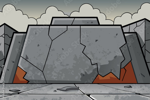 Weathered concrete wall with cracked texture and broken surface in grayscale, symbolizing decay and deterioration