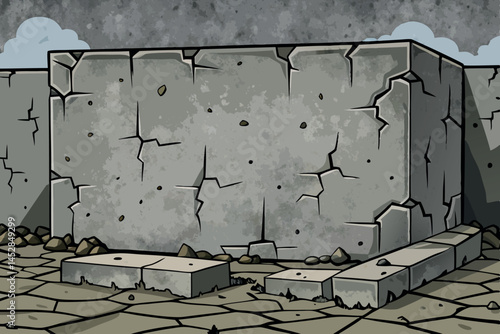 Rough, cracked concrete surface with deep fissures and weathered textures, showing the effects of time and exposure