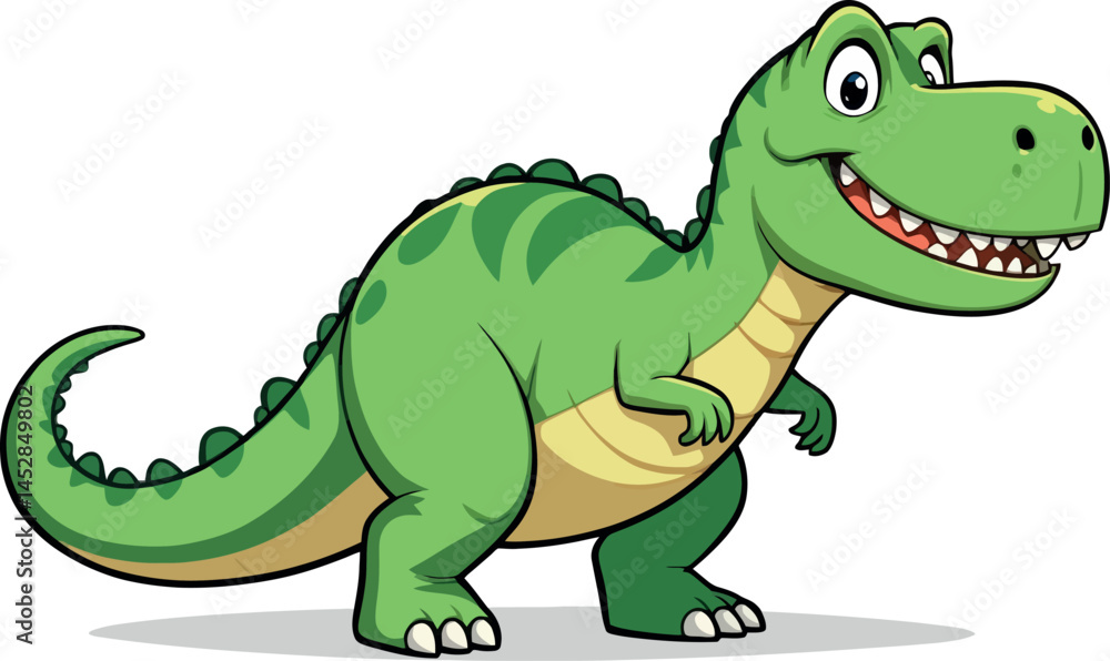 Obraz premium A cute green cartoon vector illustration shows a happy Tyrannosaurus Rex dinosaur character