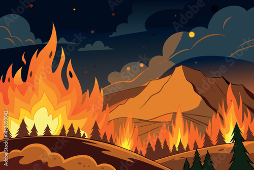 Wildfire blazing across a hill with orange and red flames, burning trees and land under a dark and smoky sky