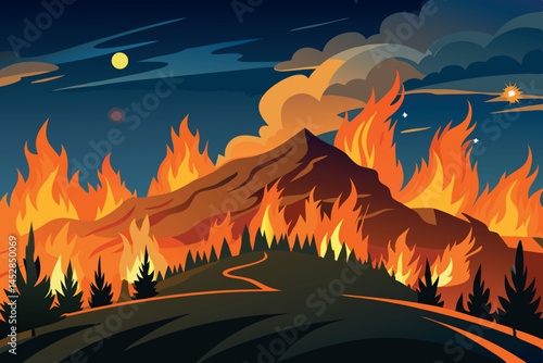 Intense wildfire consuming a hillside, with bright orange flames illuminating the night sky and surrounding trees