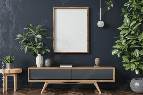 navy wall in modern dark living room with blank frame on wood cabinet, night interior design mockup for logo or artwork