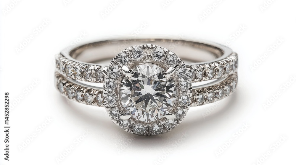 Elegant diamond ring with double halo setting. Elegant diamond ring with double halo setting.