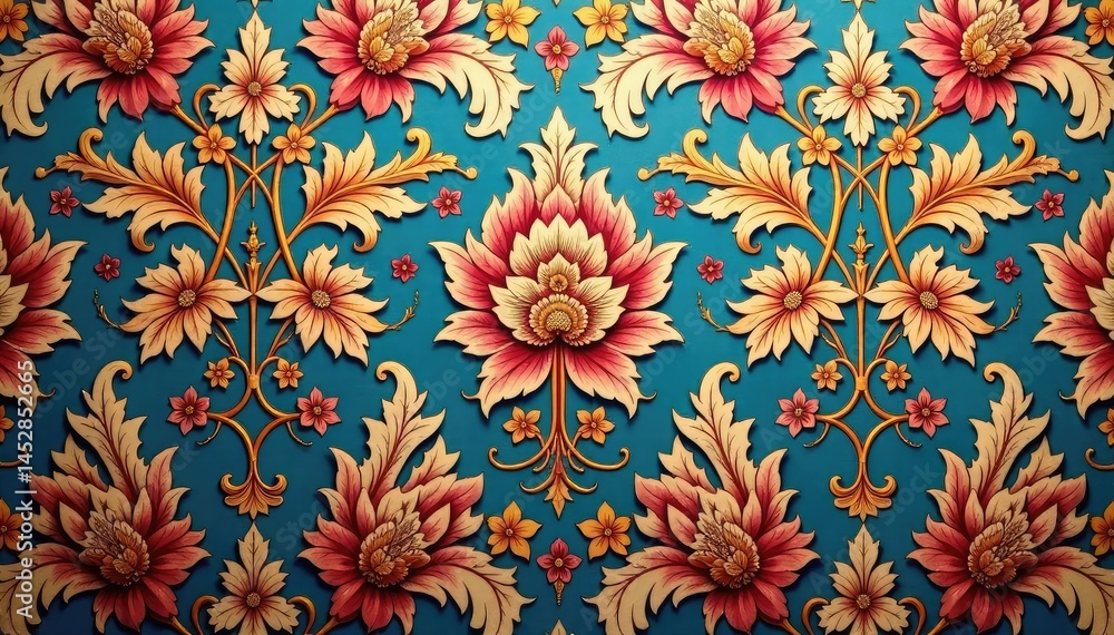 Intricate floral damask textile, faded elegance, textile, worn pattern Intricate floral damask textile, faded elegance, textile, worn pattern
