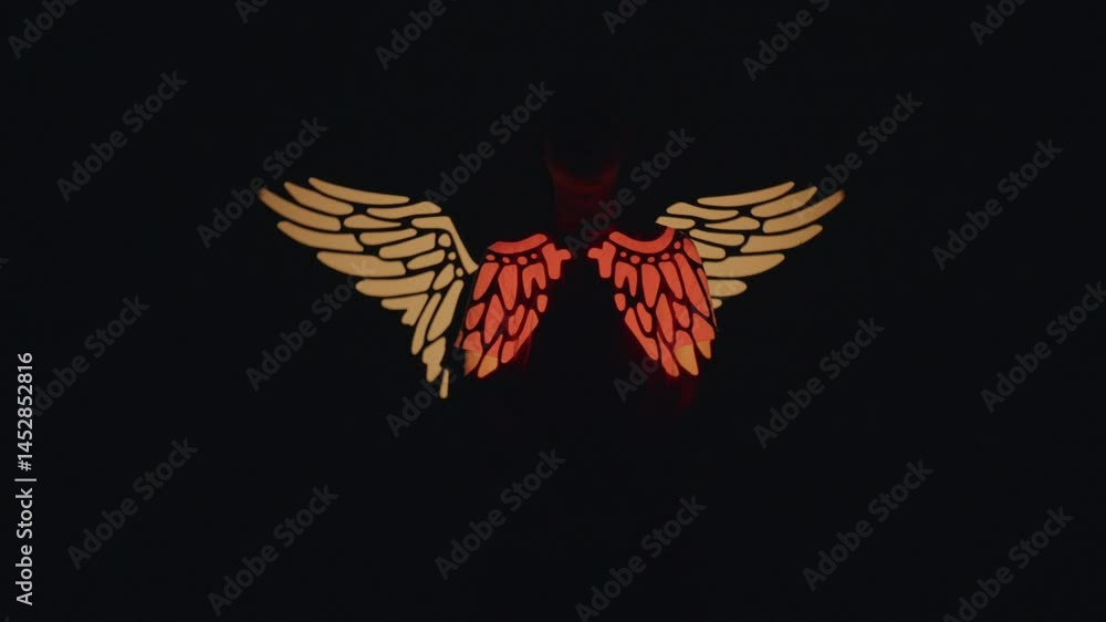 Unique illuminated angel wings create a captivating visual display in a dark setting during a festive celebration event Unique illuminated angel wings create a captivating visual display in a dark setting during a festive celebration event