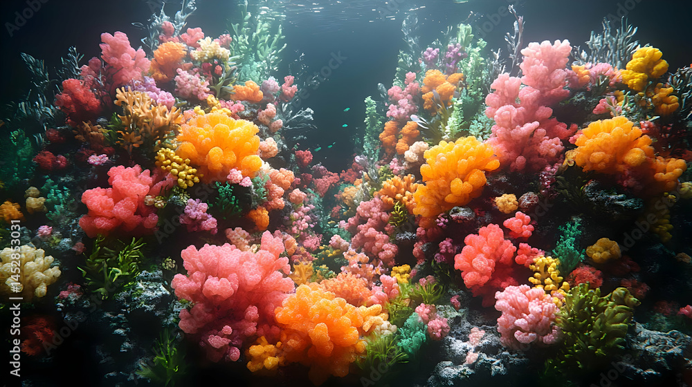 Fototapeta premium Vibrant Pink And Orange Coral Reef Underwater Scene