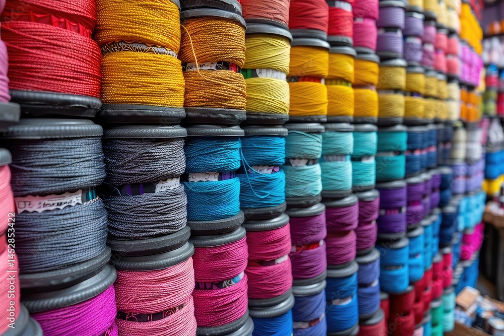 A selection of colorful thread spools stacked high on display A selection of colorful thread spools stacked high on display