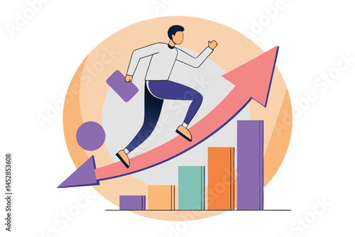Business and financial growth concept, illustrated with a man sprinting on a chart symbolizing progress and success