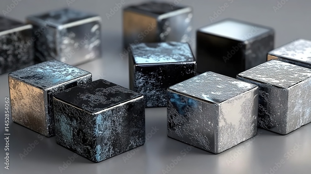 Metallic-textured cubes arranged on a smooth gray surface. Metallic-textured cubes arranged on a smooth gray surface.