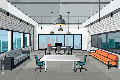 office design featuring clean white brick walls, modern furniture, plants, and natural light flowing through large windows in a spacious space