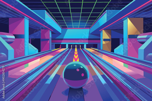 bowling alley with glowing lanes and pins, enhanced with long exposure effect, providing a futuristic and colorful entertainment scene