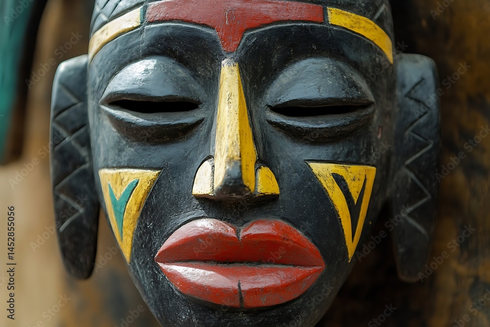 African mask carving with tribal symbols and bold colors African mask carving with tribal symbols and bold colors