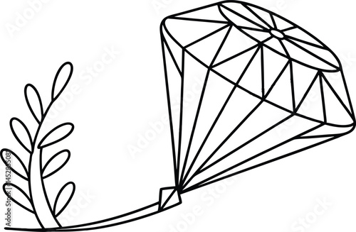 Simple Kite Illustration With Branch Doodle In Black And White Outline Style