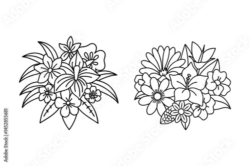 Diverse Botanical Flower Line Drawing, Tropical And Temperate Blooms