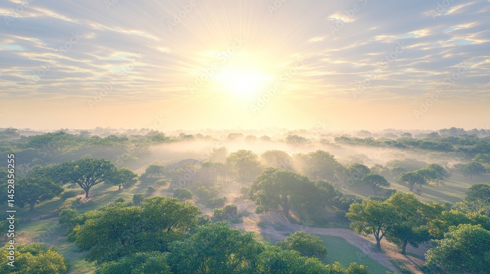 Fototapeta premium Sunrise over Misty Morning Landscape: A Serene Dawn in a Verdant Grove