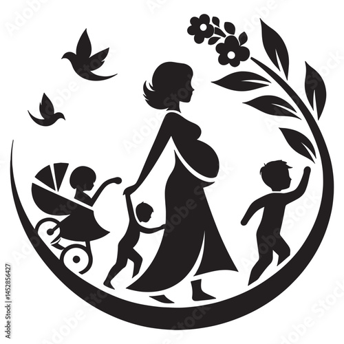 Pregnant woman with children silhouette illustration for family love and motherhood concept design, mothers day