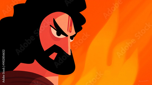 A cartoon adaptation of duryodhana, featuring his trademark chesty expression, set against a vibrant orange backdrop.