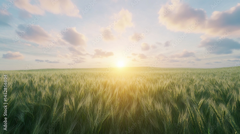 Sunset on the field with young rye or wheat in the summer with a cloudy sky background Landscape : Generative AI Sunset on the field with young rye or wheat in the summer with a cloudy sky background Landscape : Generative AI