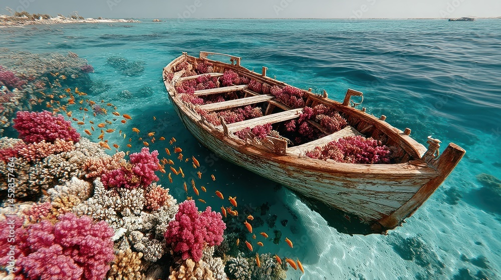 Obraz premium Wooden boat on coral reef