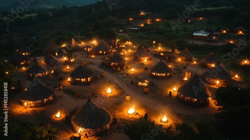 ceremony tribal village glowing with fire pits during ancestral African