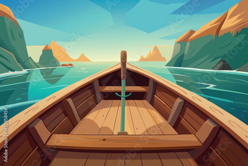 Wooden boat navigating ocean waters with sunlight reflection on the surface, stunning view of mountains in the background
