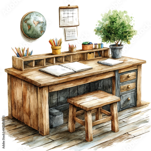 watercolor of Classroom Desk With Notebooks, vector, isolated on a white background.